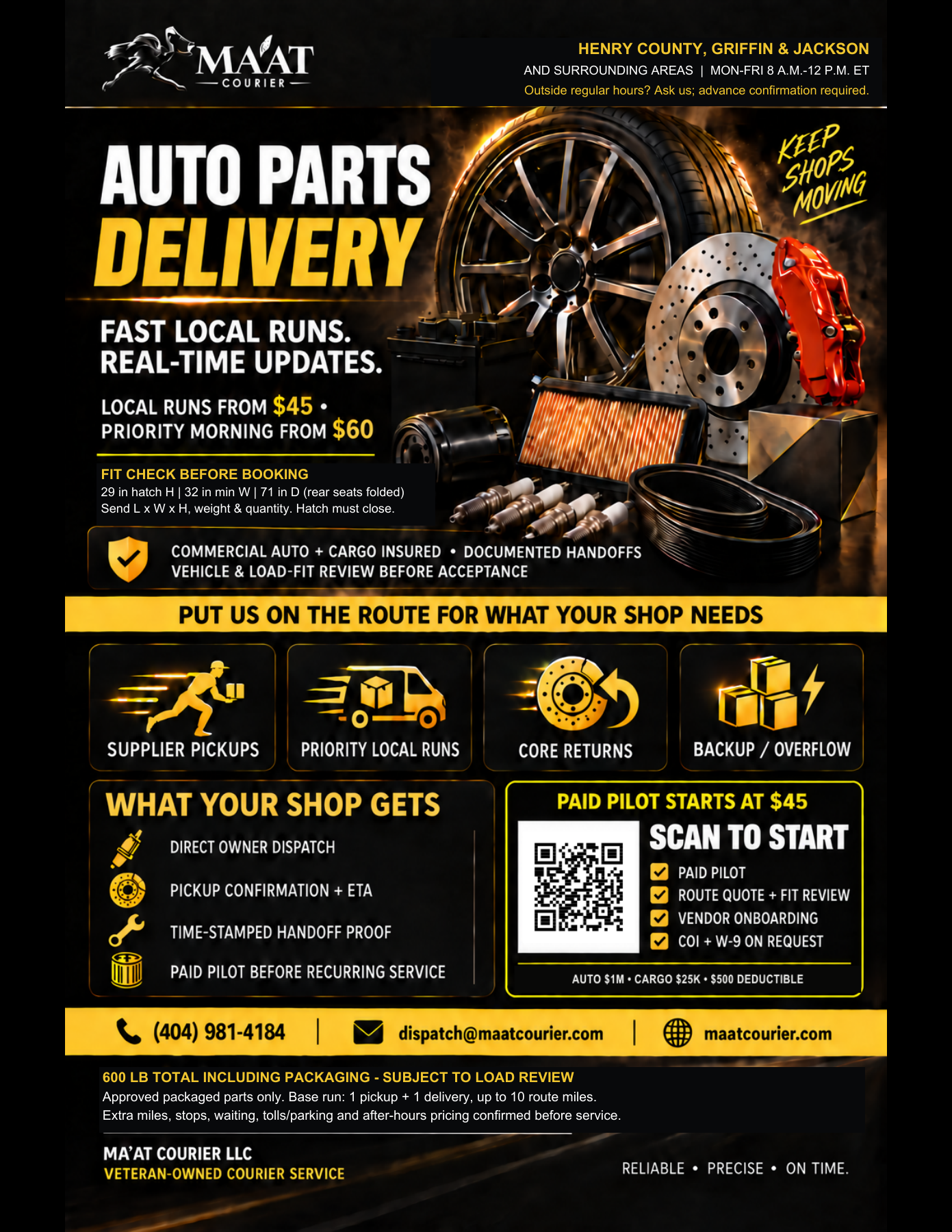 Auto parts delivery black-and-gold flyer; full-size PDF and contact options below