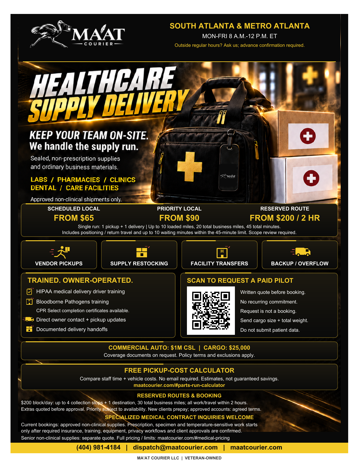 Medical & healthcare delivery black-and-gold flyer; full-size PDF and contact options below