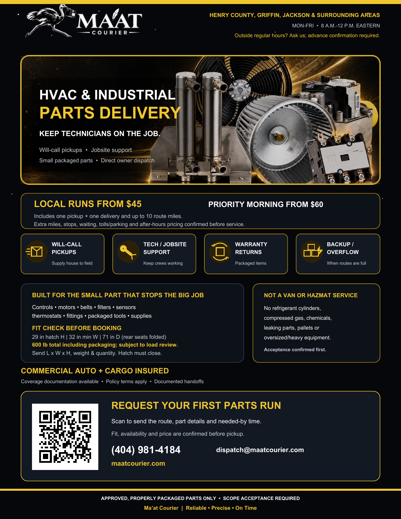 HVAC & industrial parts black-and-gold flyer; full-size PDF and contact options below