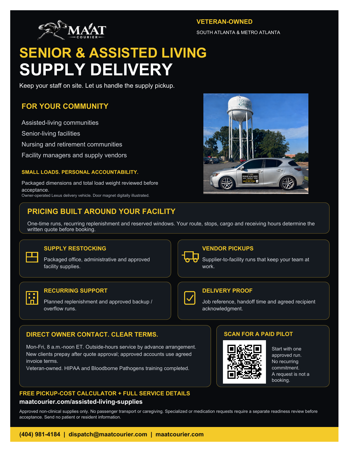 Senior & assisted living supply delivery black-and-gold flyer; full-size PDF and contact options below