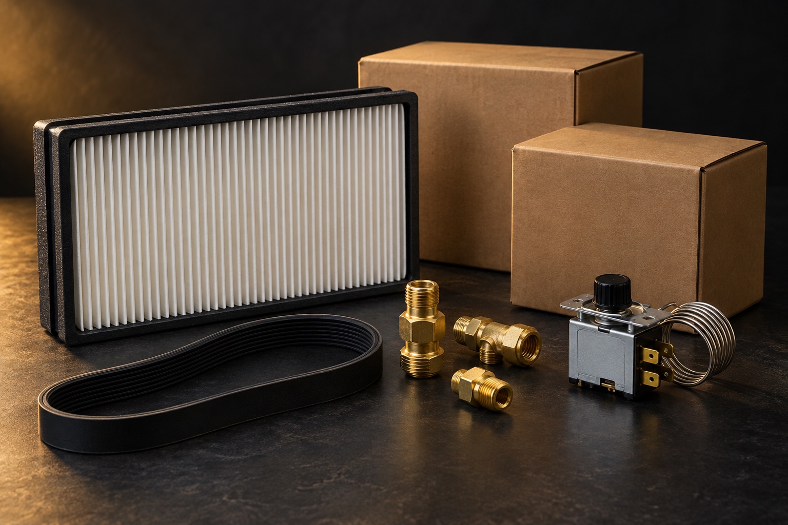 Illustration of small replacement parts, a filter, belt, fittings and delivery cartons.